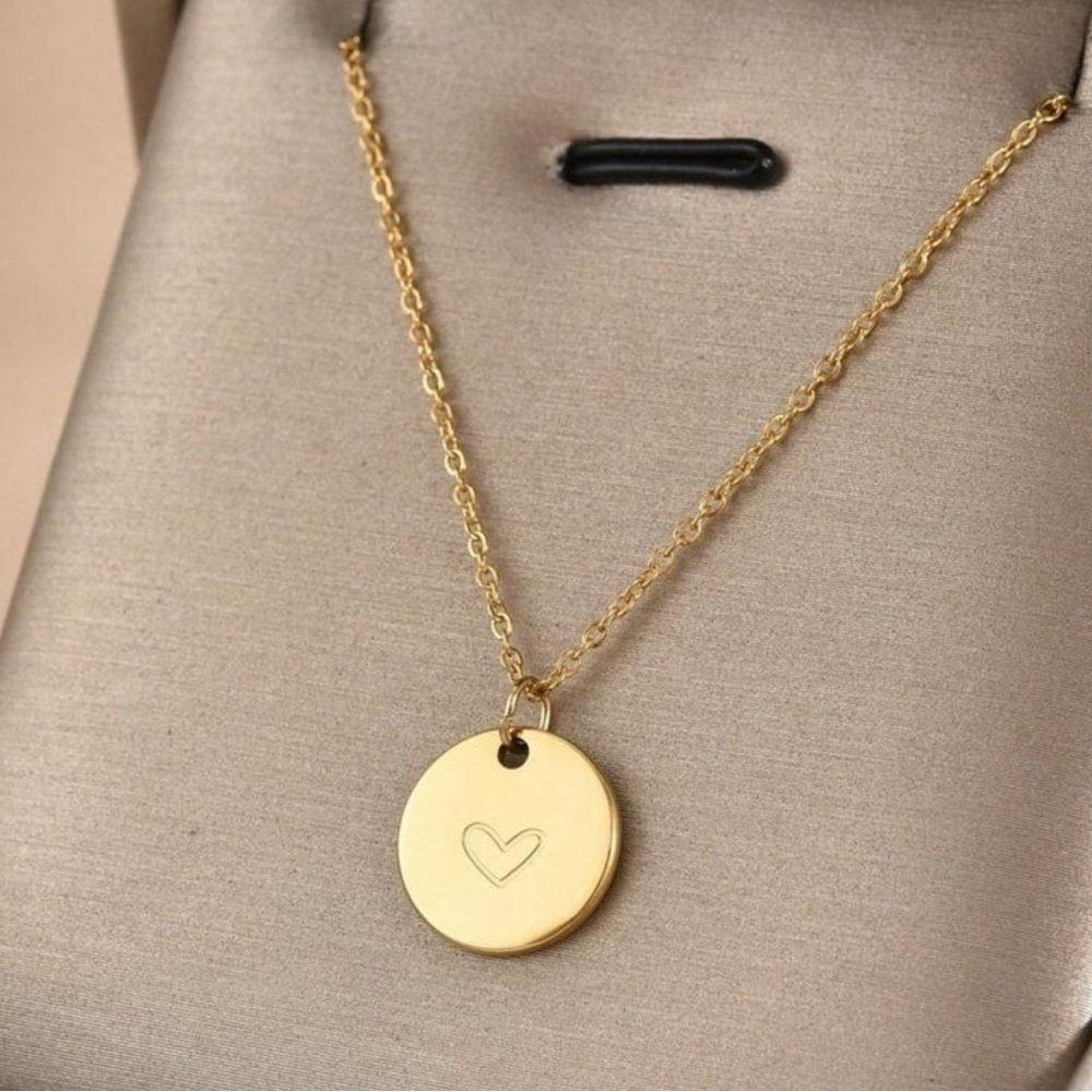Gold Plated Stainless Steel Engraved Heart Disc Necklace | Minimalist Pendant